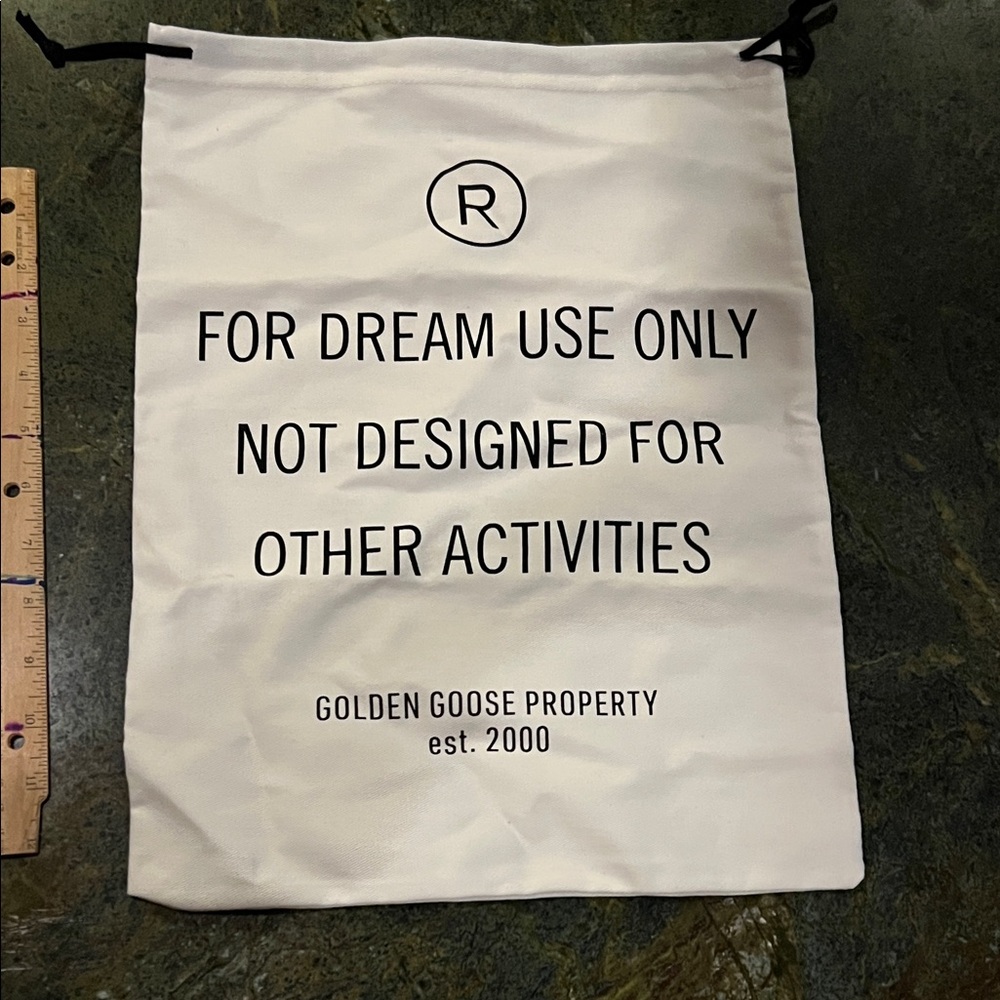 Golden Goose Cream Drawstring Bag with Black Text